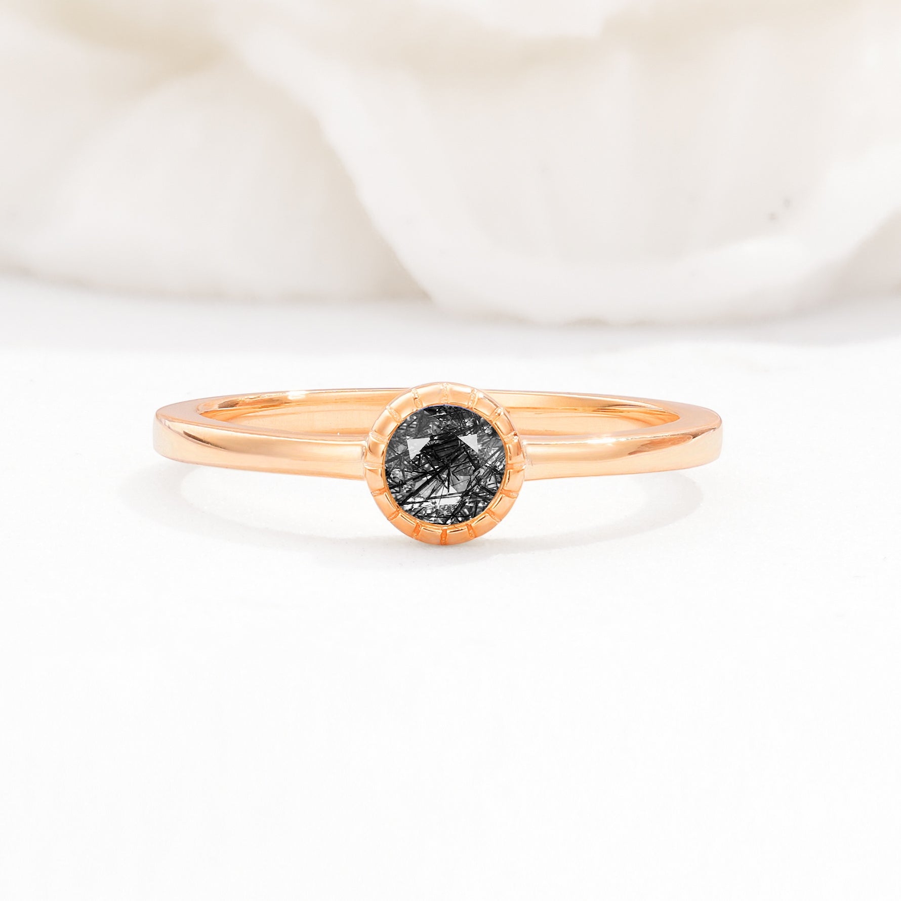 Minimalist Round Cut Bezel Set Solitaire Black Rutilated Quartz Engagement Ring - Additional view