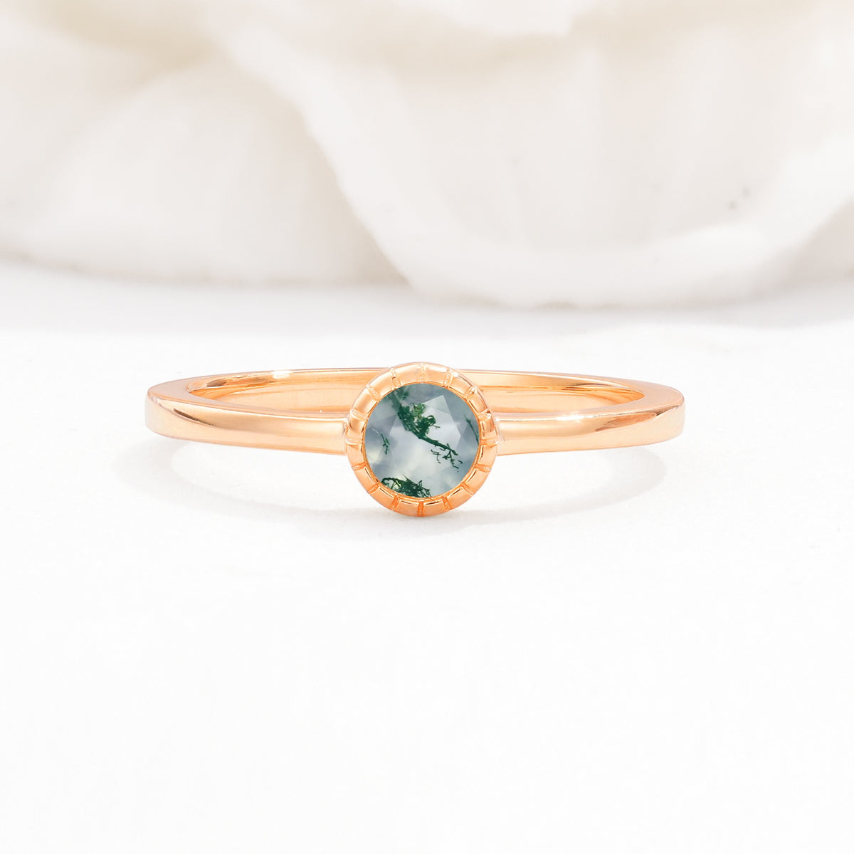 Minimalist Round Cut Bezel Set Solitaire Moss Agate Engagement Ring - Additional view