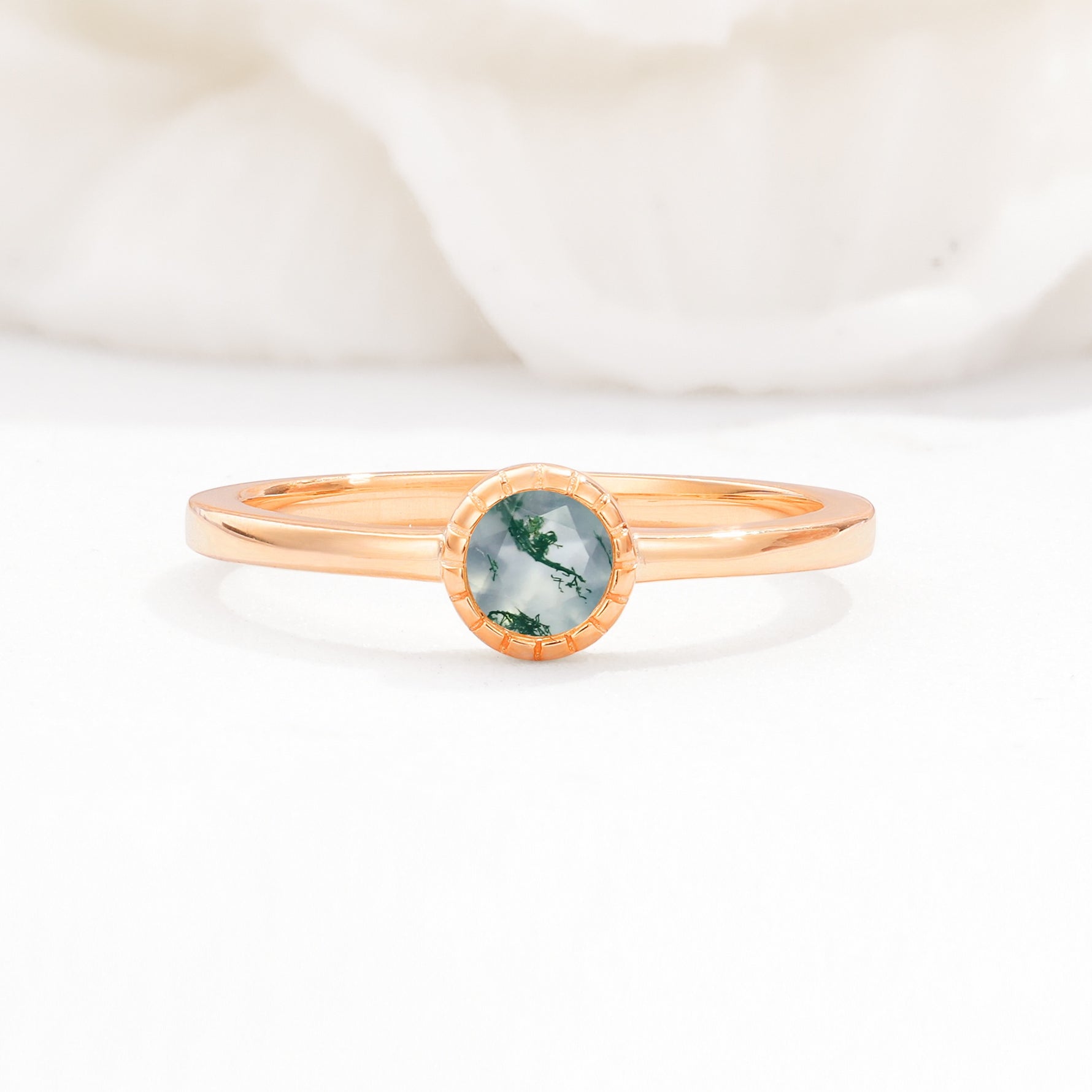 Minimalist Round Cut Bezel Set Solitaire Moss Agate Engagement Ring - Additional view