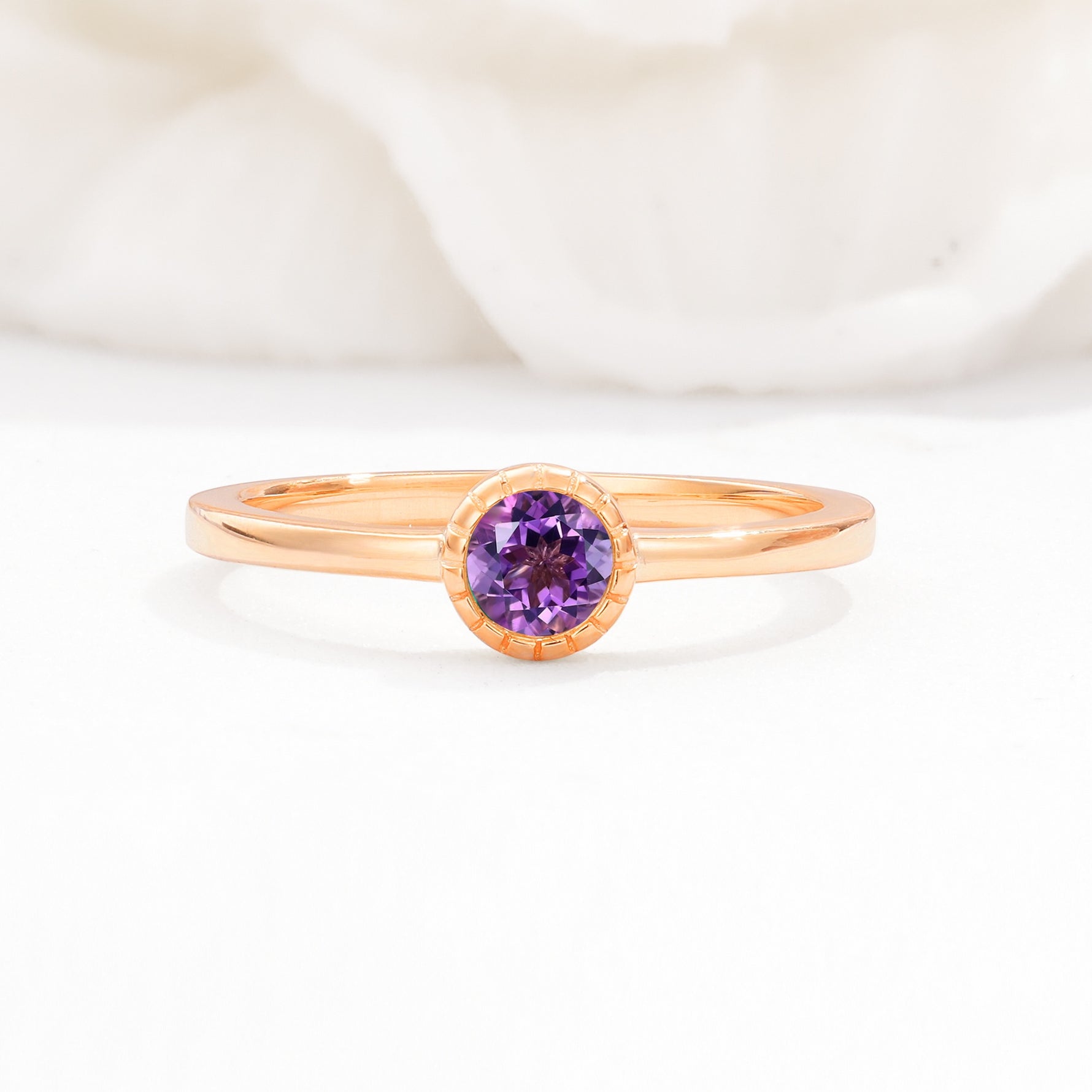 Minimalist Round Cut Bezel Set Solitaire Amethyst Engagement Ring - Additional view