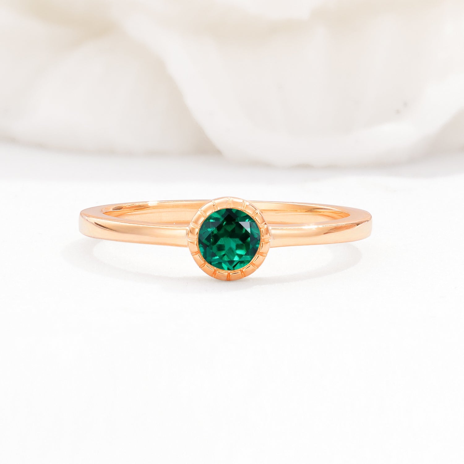 Minimalist Round Cut Bezel Set Solitaire Emerald Engagement Ring - Additional view