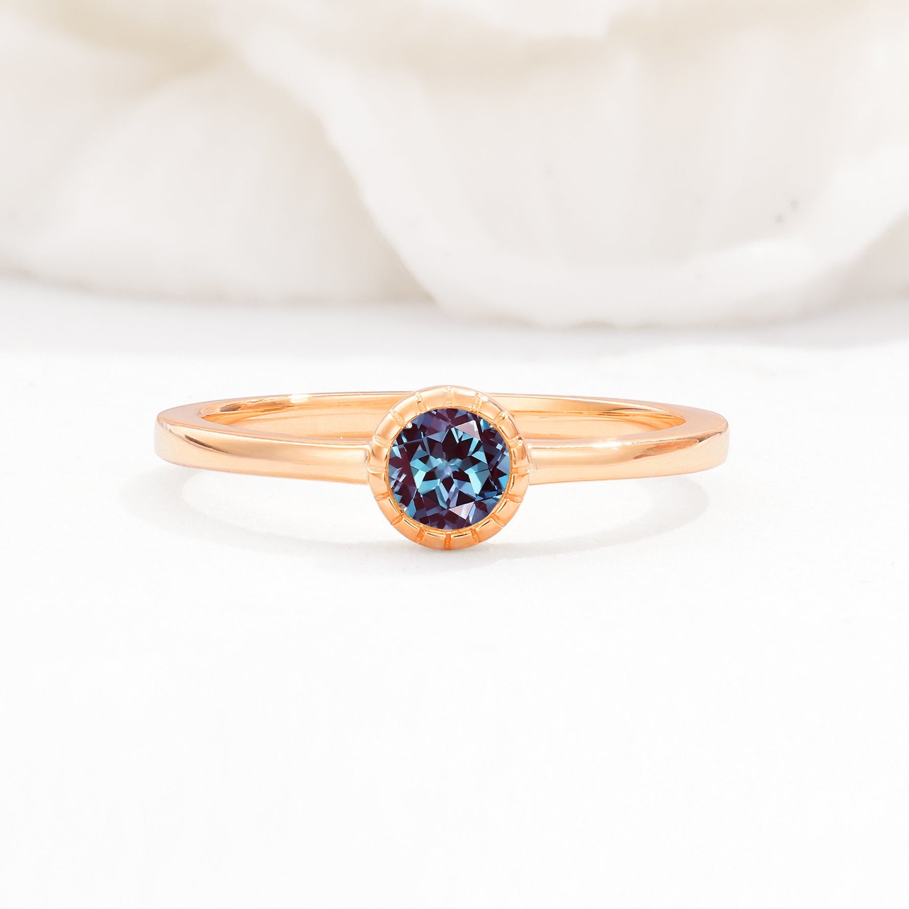 Minimalist Round Cut Bezel Set Solitaire Alexandrite Engagement Ring - Additional view