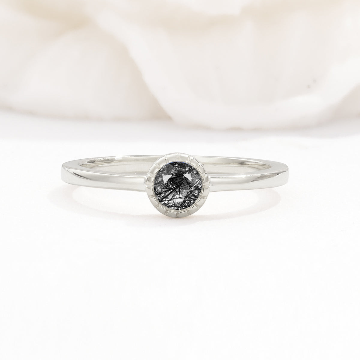 Minimalist Round Cut Bezel Set Solitaire Black Rutilated Quartz Engagement Ring - Additional view