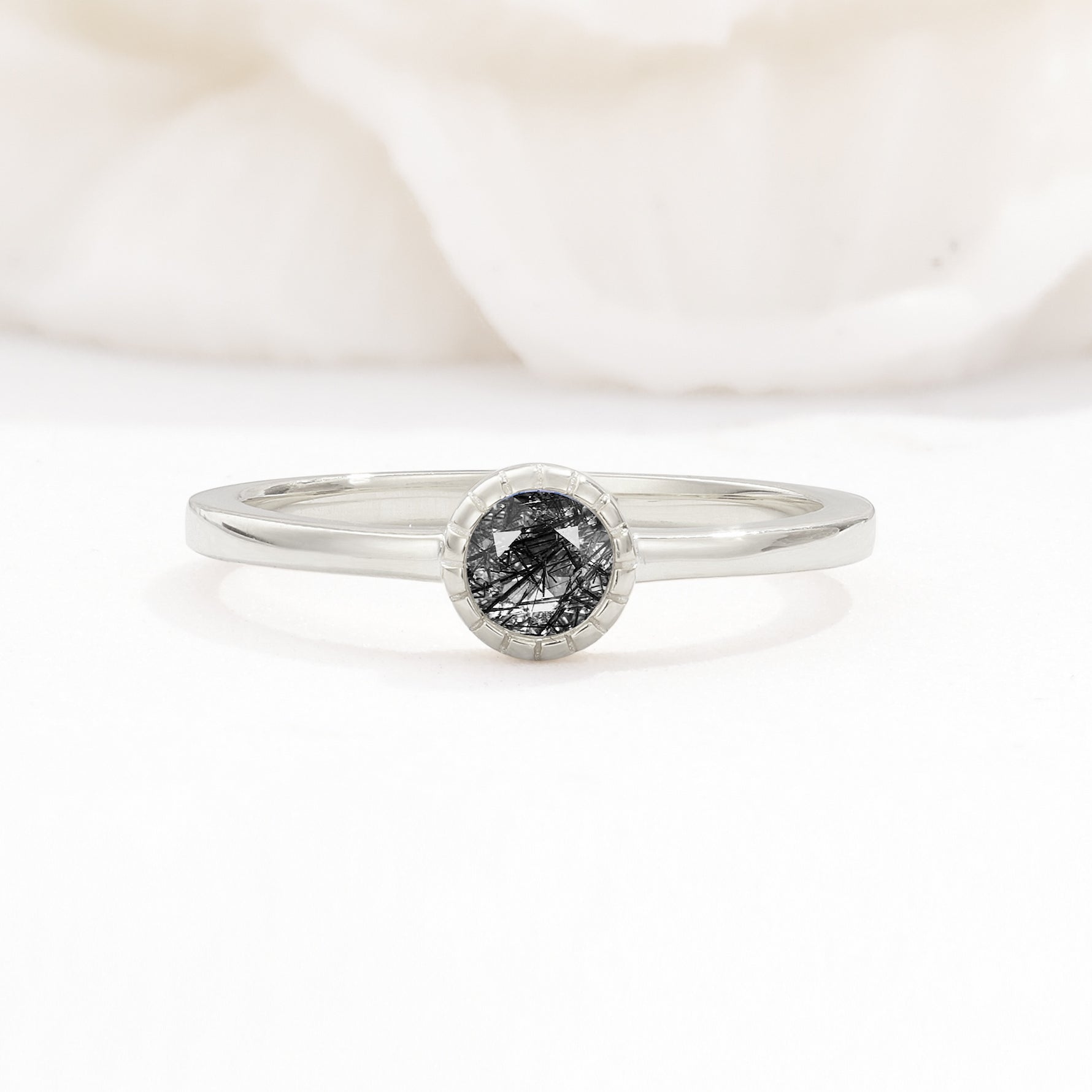 Minimalist Round Cut Bezel Set Solitaire Black Rutilated Quartz Engagement Ring - Additional view