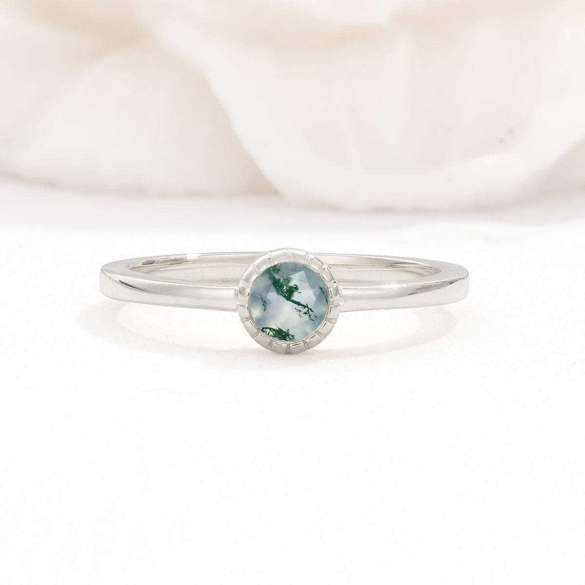 Minimalist Round Cut Bezel Set Solitaire Moss Agate Engagement Ring - Additional view