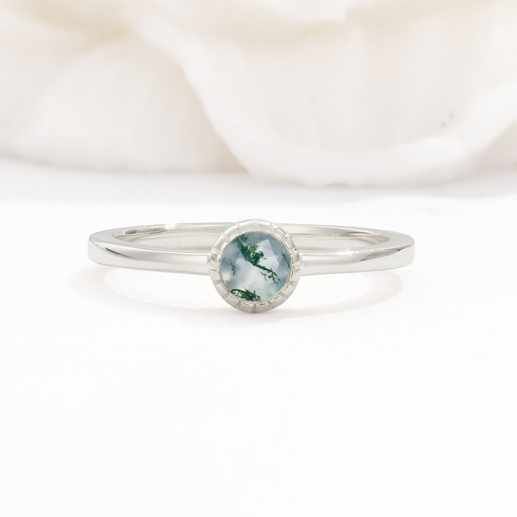 Minimalist Round Cut Bezel Set Solitaire Moss Agate Engagement Ring - Additional view