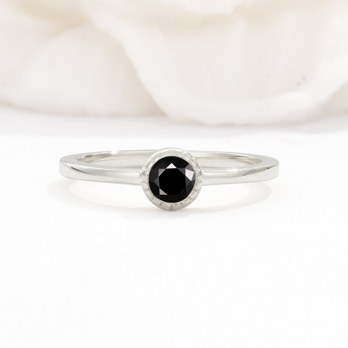 Minimalist Round Cut Bezel Set Solitaire Black Onyx Engagement Ring - Additional view