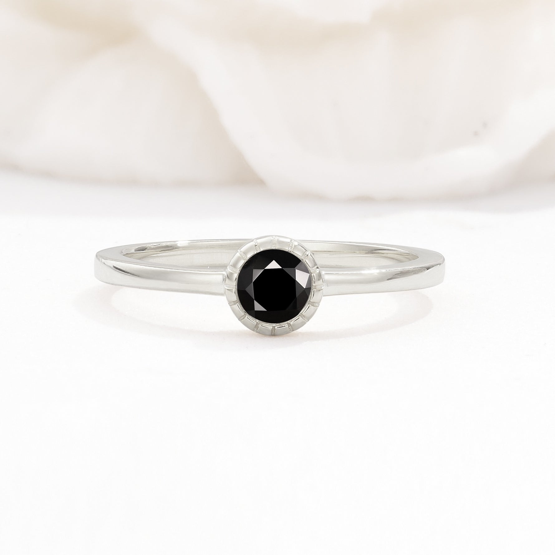 Minimalist Round Cut Bezel Set Solitaire Black Onyx Engagement Ring - Additional view
