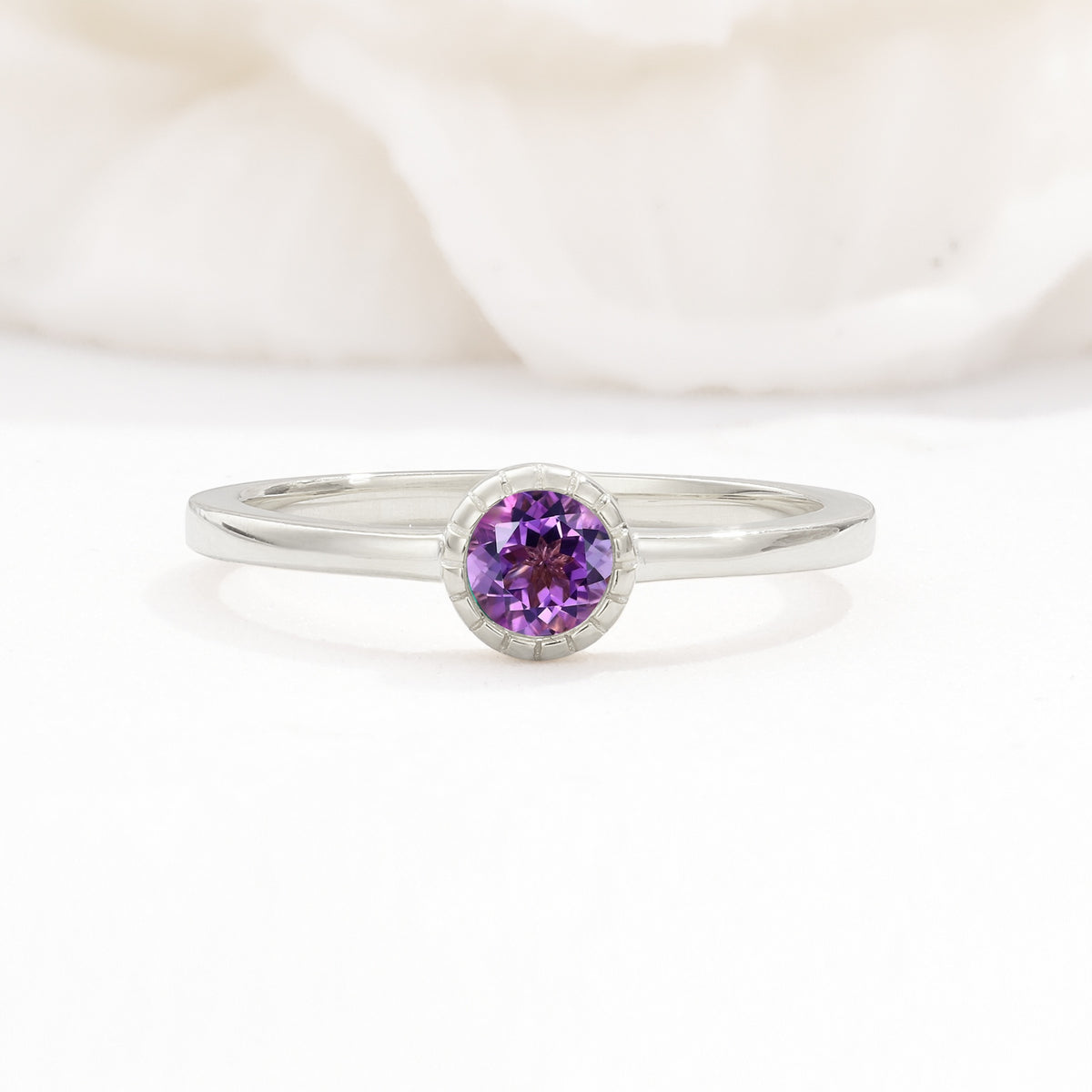Minimalist Round Cut Bezel Set Solitaire Amethyst Engagement Ring - Additional view