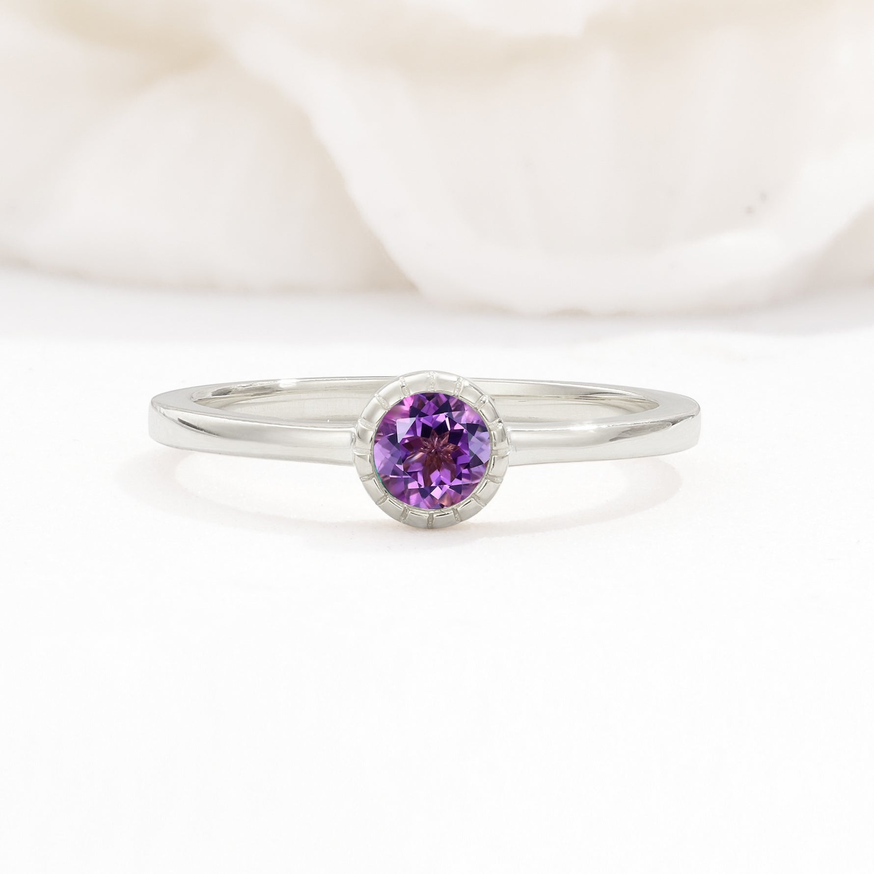 Minimalist Round Cut Bezel Set Solitaire Amethyst Engagement Ring - Additional view