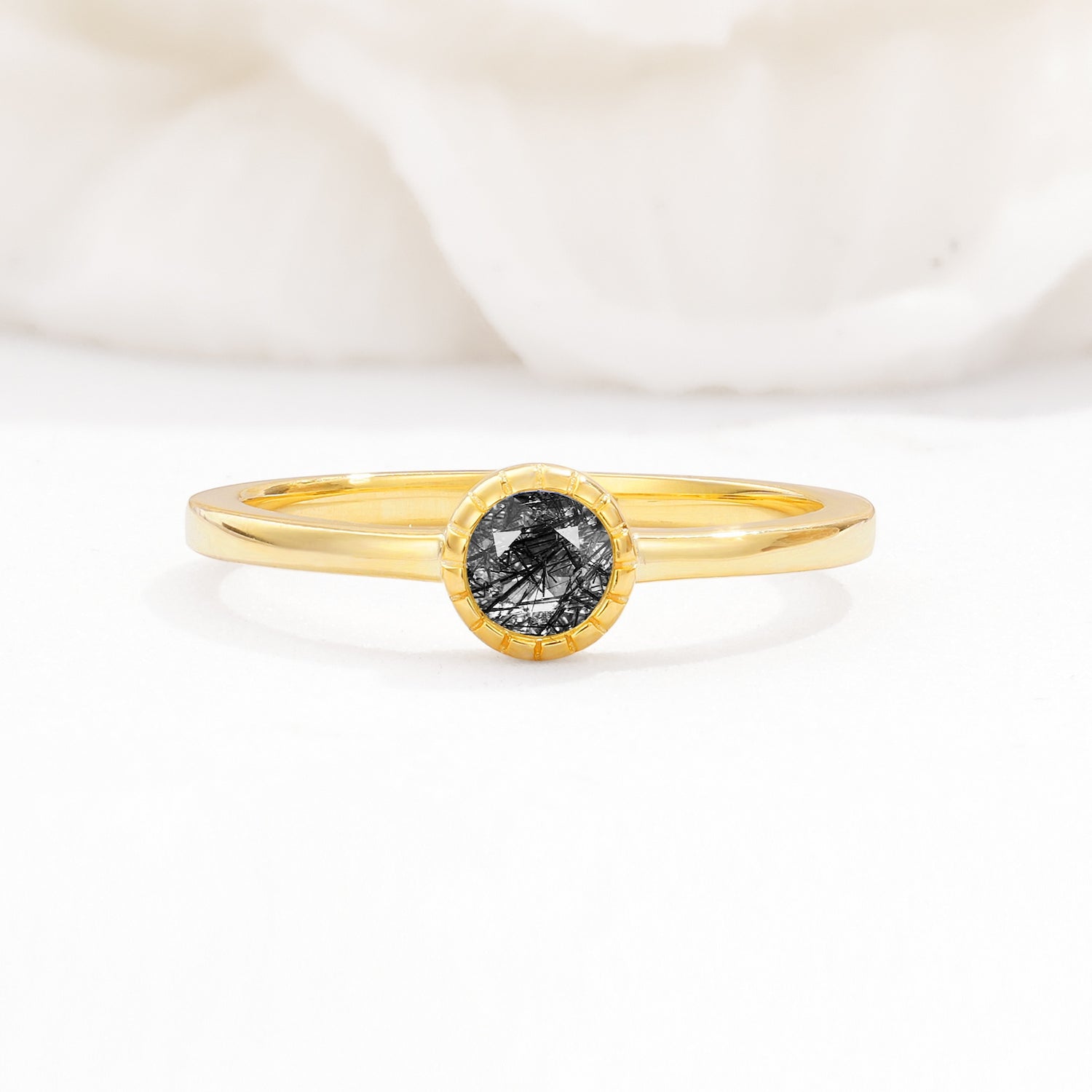 Minimalist Round Cut Bezel Set Solitaire Black Rutilated Quartz Engagement Ring - Additional view