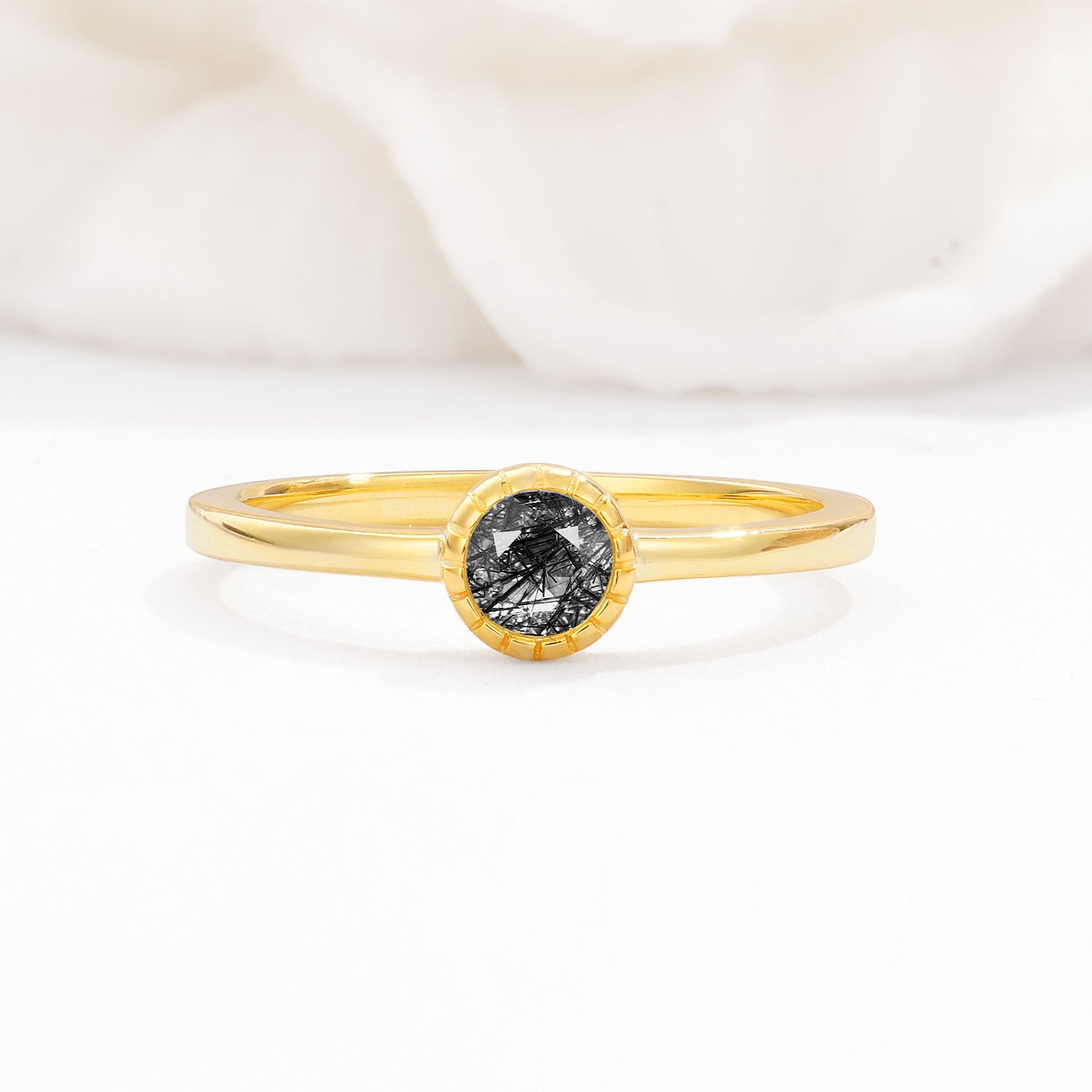 Minimalist Round Cut Bezel Set Solitaire Black Rutilated Quartz Engagement Ring - Additional view