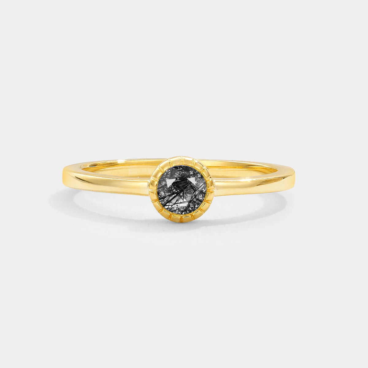 Minimalist Round Cut Bezel Set Solitaire Black Rutilated Quartz Engagement Ring