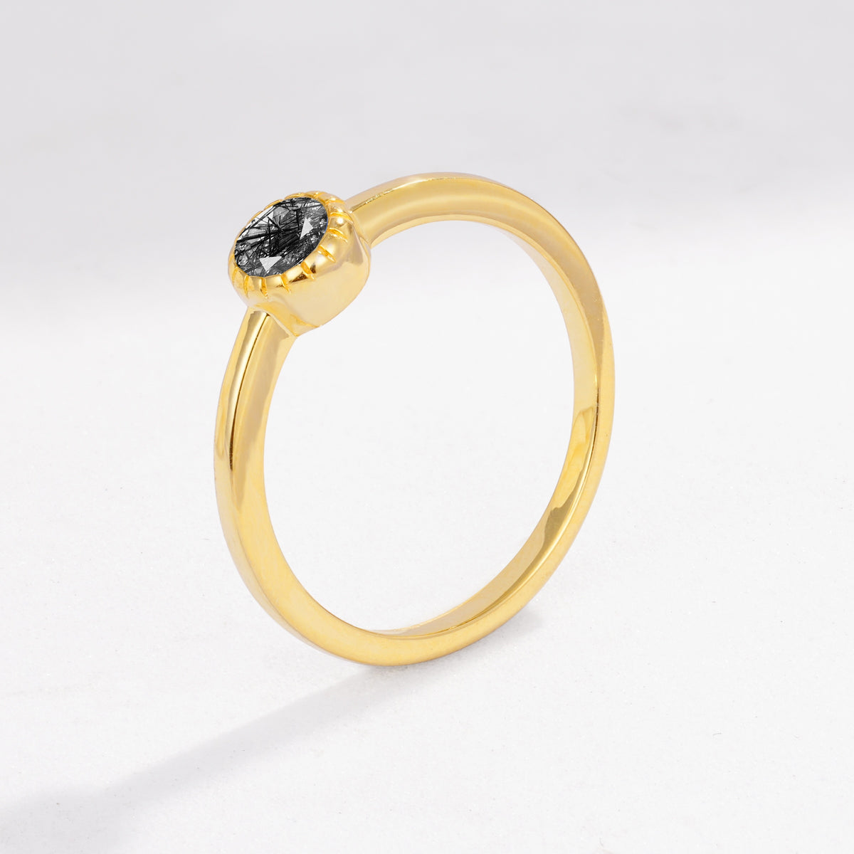 Minimalist Round Cut Bezel Set Solitaire Black Rutilated Quartz Engagement Ring - Additional view