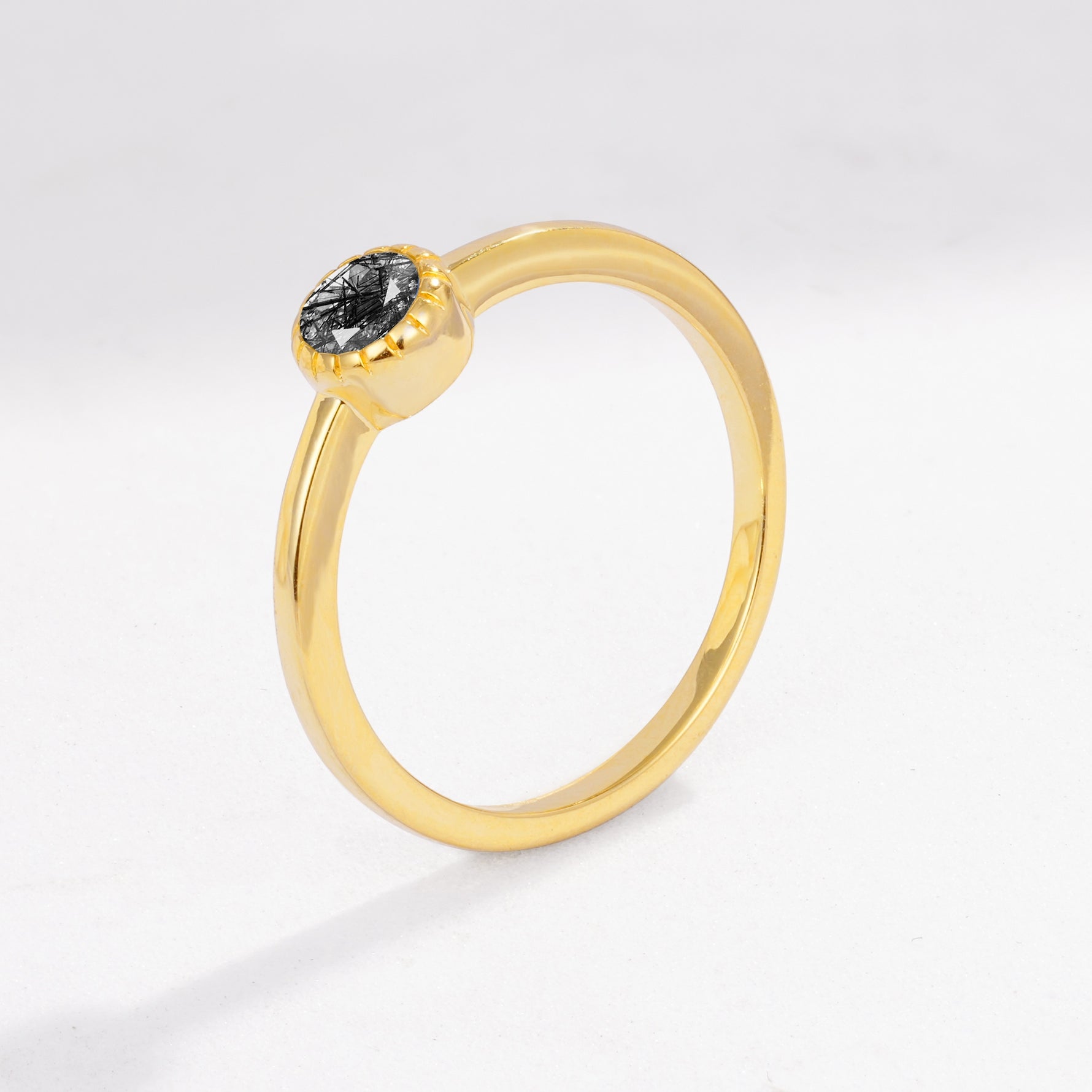 Minimalist Round Cut Bezel Set Solitaire Black Rutilated Quartz Engagement Ring - Additional view