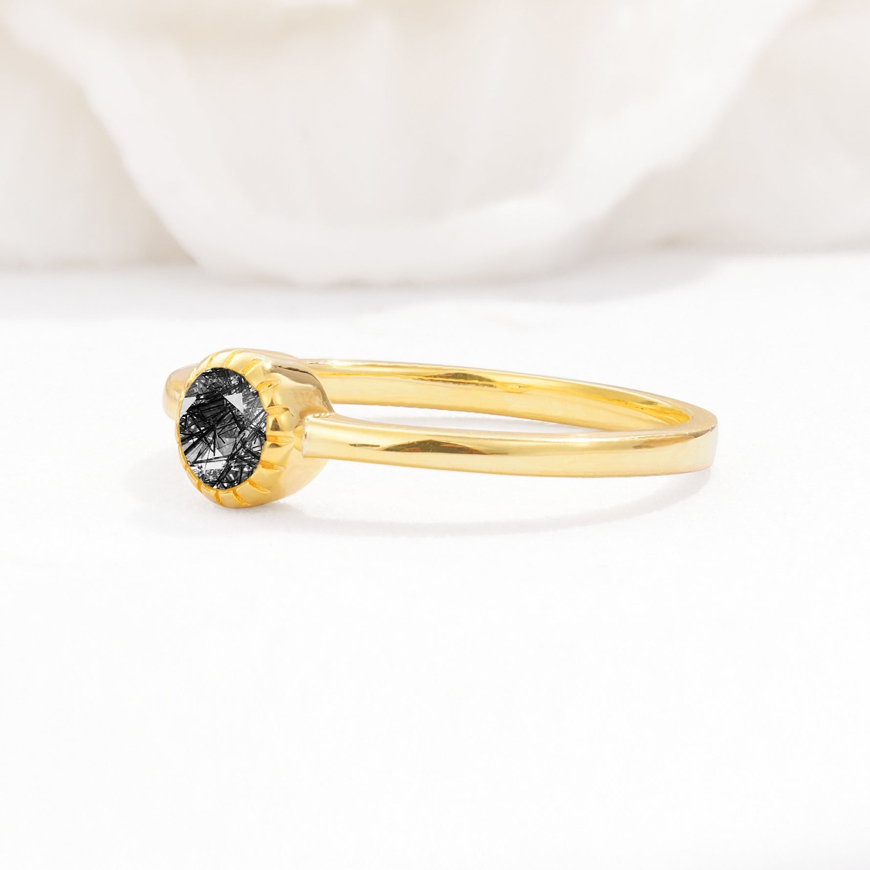 Minimalist Round Cut Bezel Set Solitaire Black Rutilated Quartz Engagement Ring - Additional view