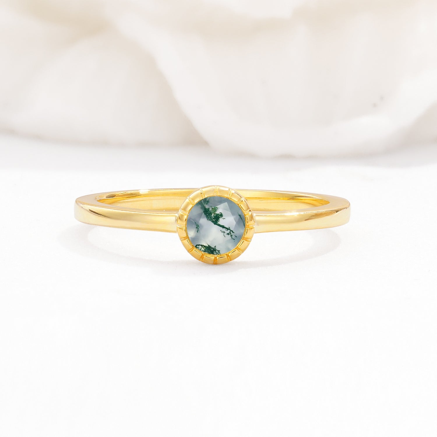 Minimalist Round Cut Bezel Set Solitaire Moss Agate Engagement Ring - Additional view