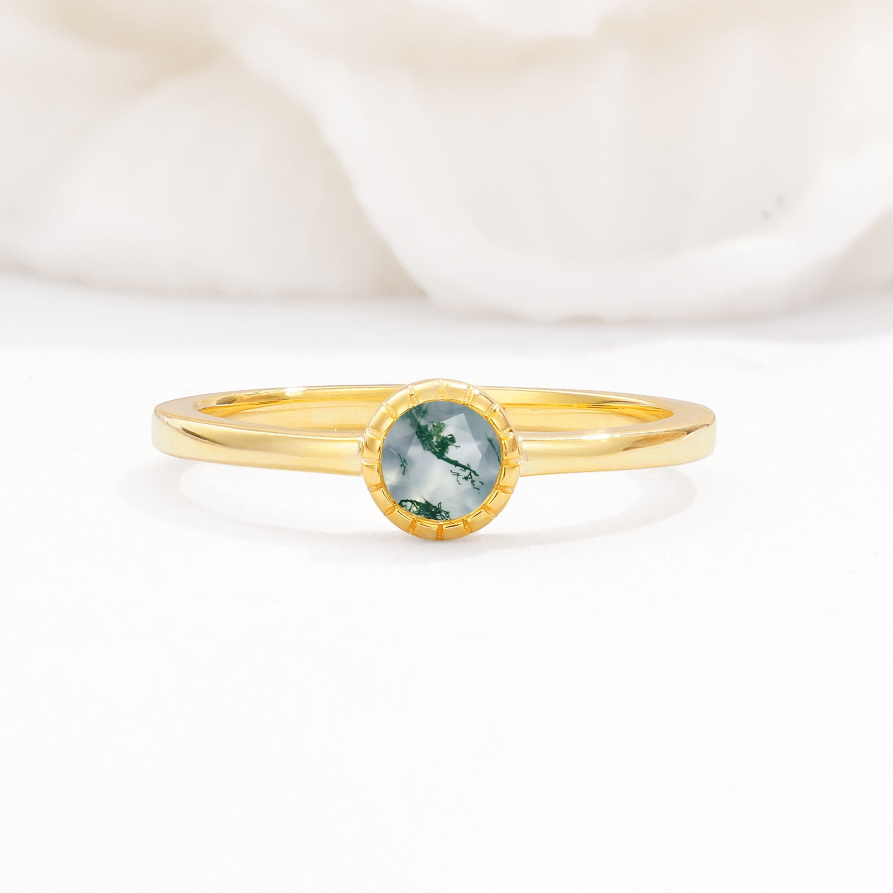 Minimalist Round Cut Bezel Set Solitaire Moss Agate Engagement Ring - Additional view