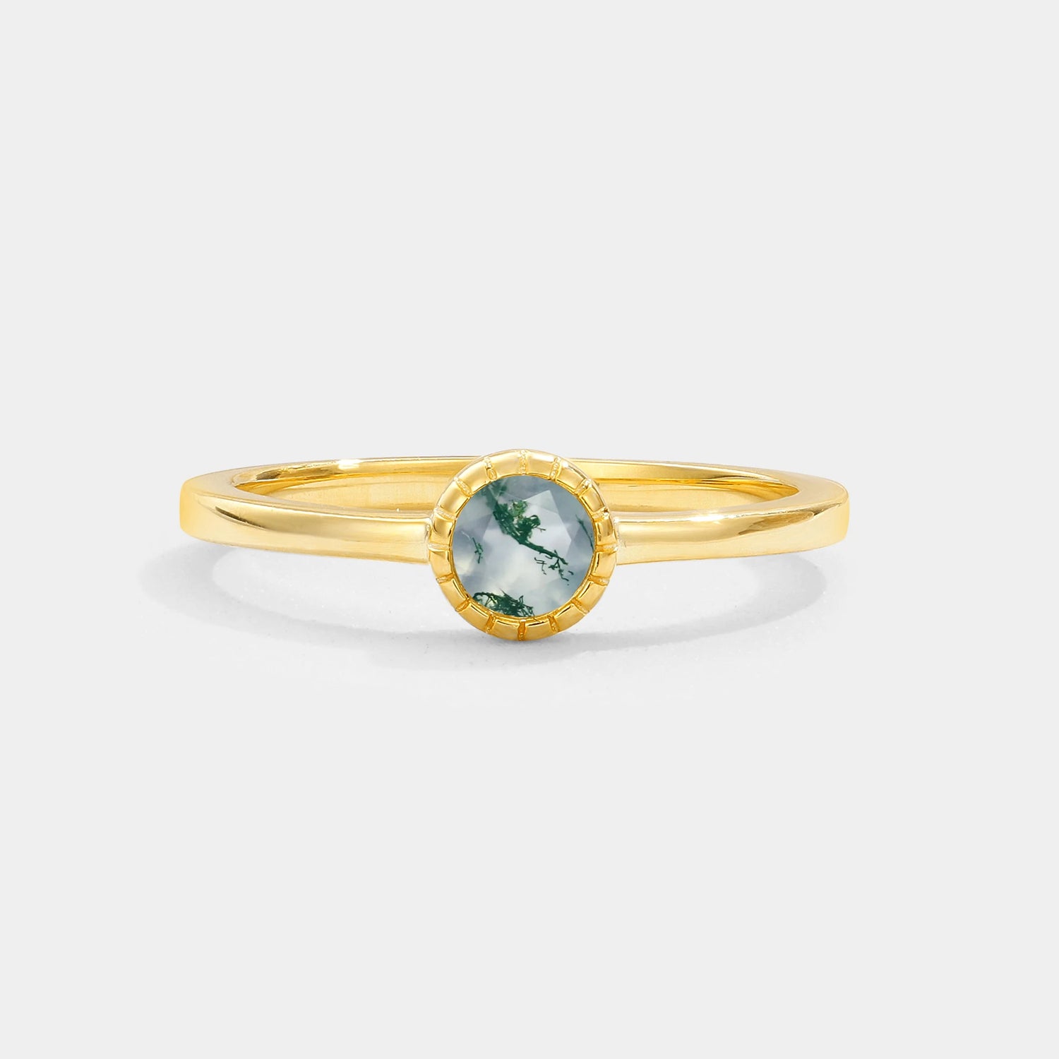 Minimalist Round Cut Bezel Set Solitaire Moss Agate Engagement Ring