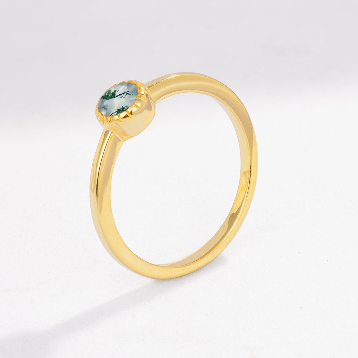Minimalist Round Cut Bezel Set Solitaire Moss Agate Engagement Ring - Additional view