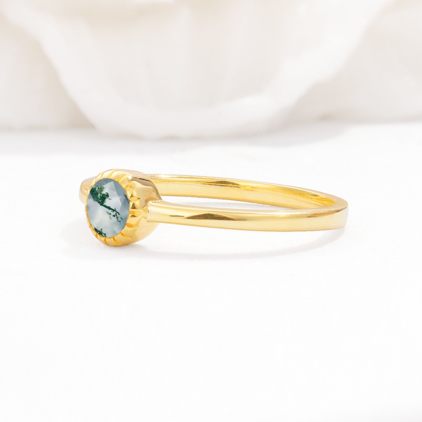 Minimalist Round Cut Bezel Set Solitaire Moss Agate Engagement Ring - Additional view