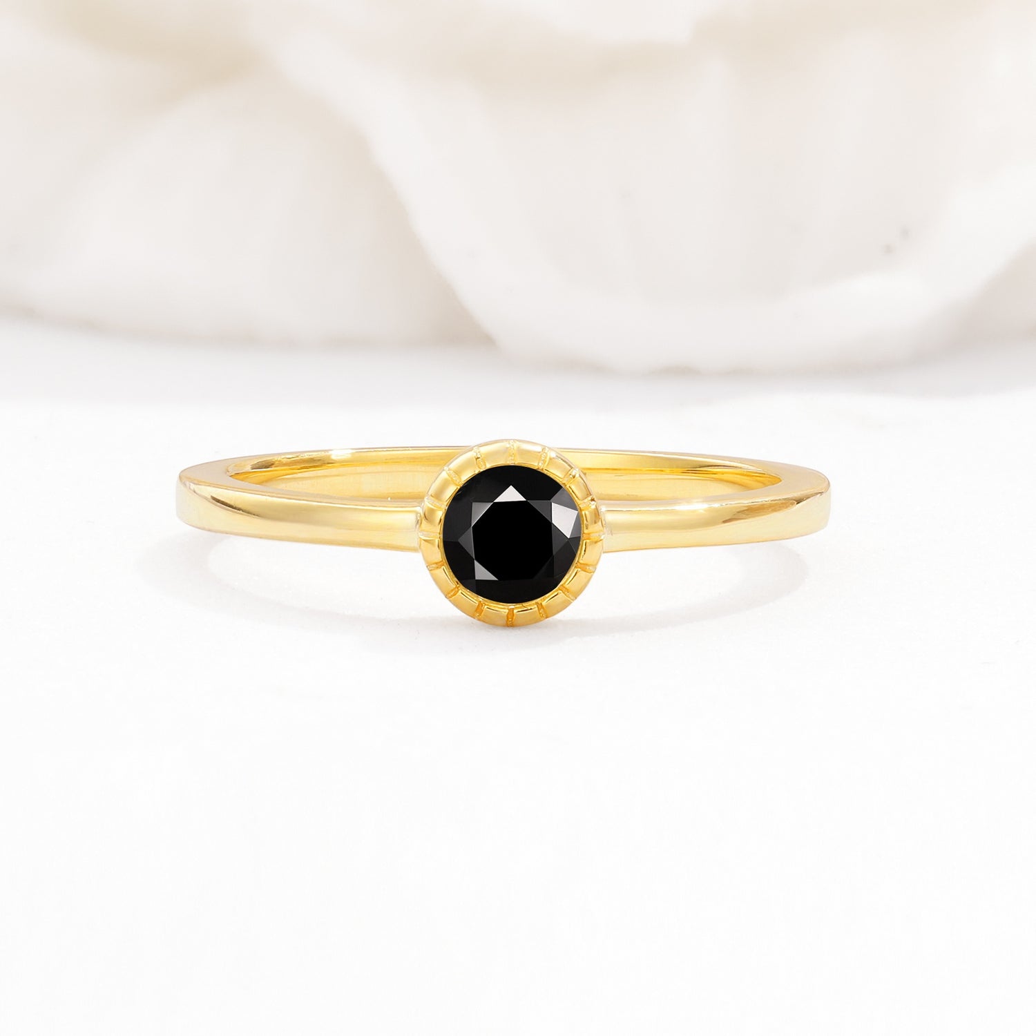 Minimalist Round Cut Bezel Set Solitaire Black Onyx Engagement Ring - Additional view