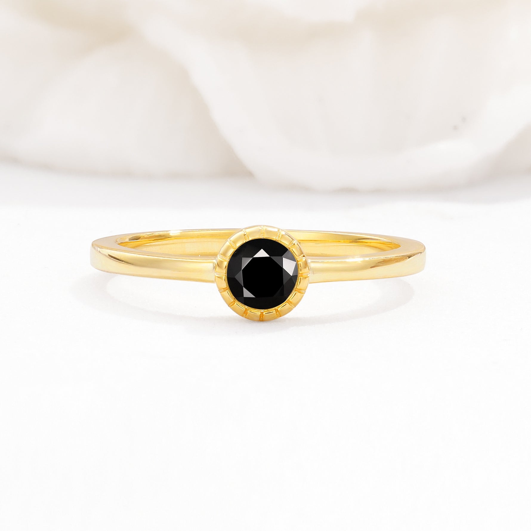 Minimalist Round Cut Bezel Set Solitaire Black Onyx Engagement Ring - Additional view