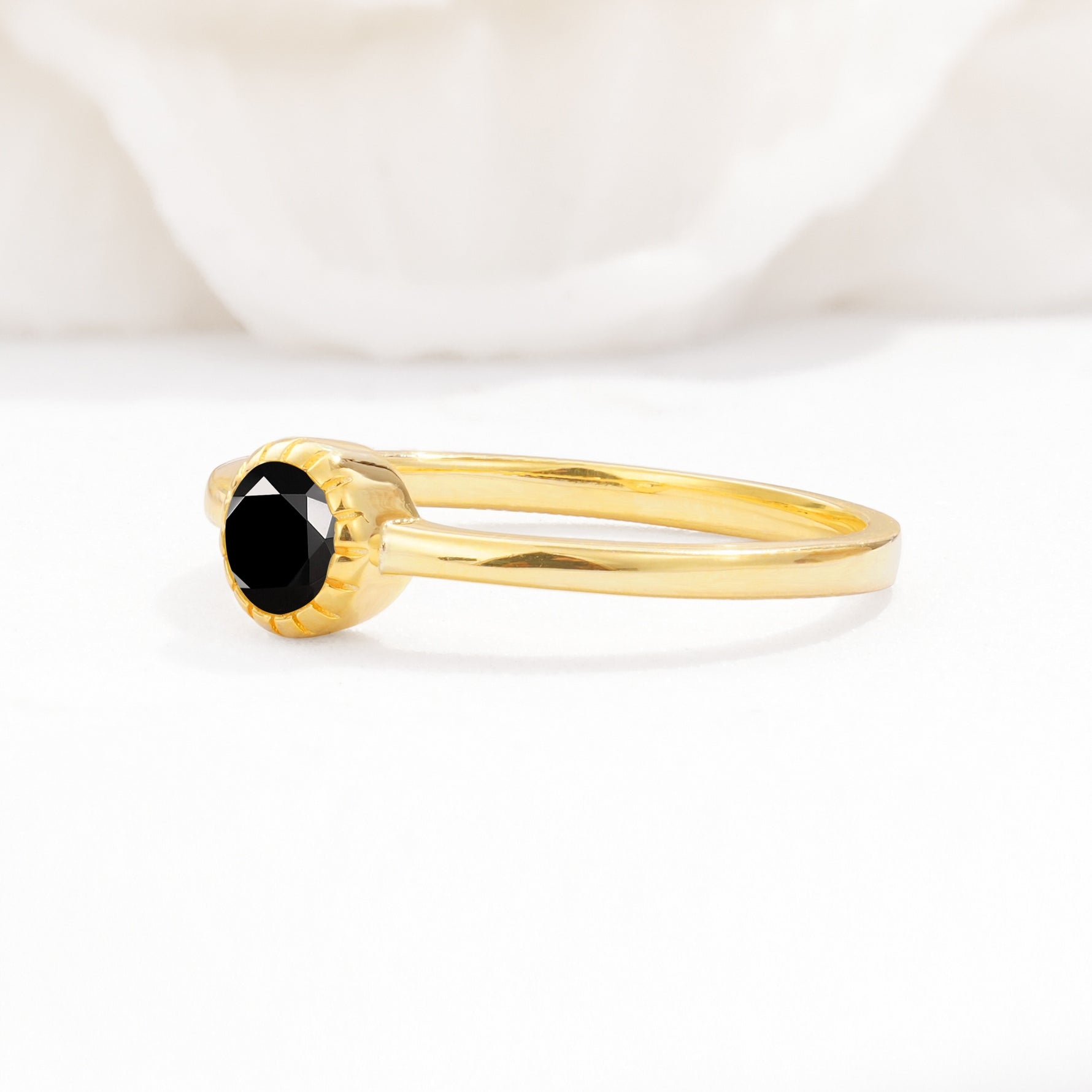 Minimalist Round Cut Bezel Set Solitaire Black Onyx Engagement Ring - Additional view