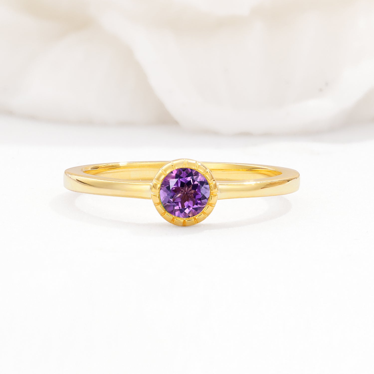 Minimalist Round Cut Bezel Set Solitaire Amethyst Engagement Ring
