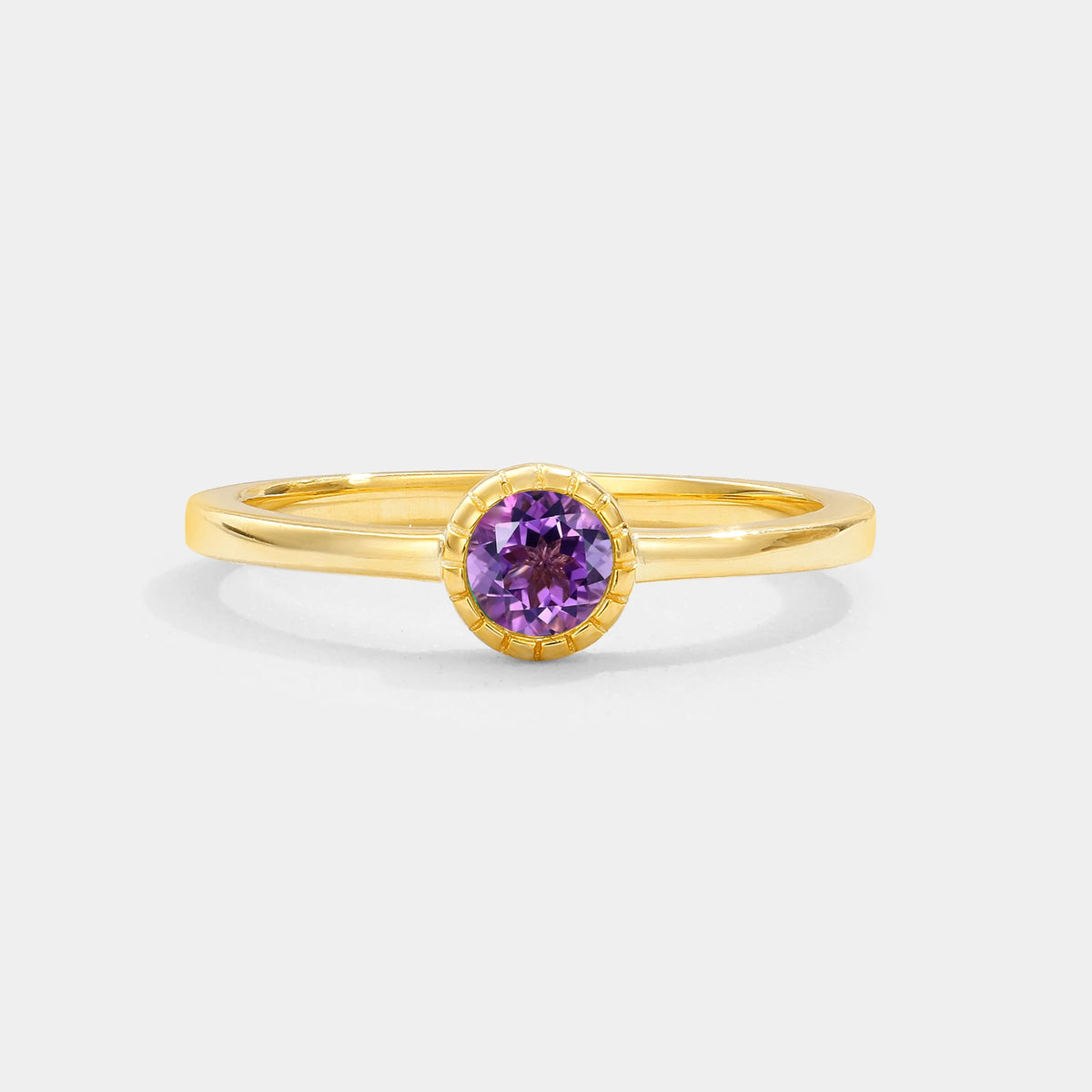 Minimalist Round Cut Bezel Set Solitaire Amethyst Engagement Ring