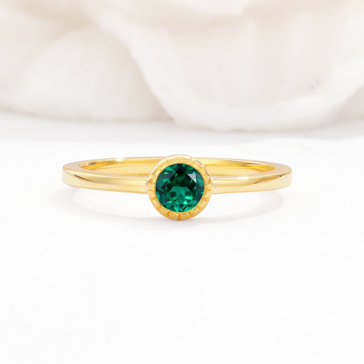 Minimalist Round Cut Bezel Set Solitaire Emerald Engagement Ring