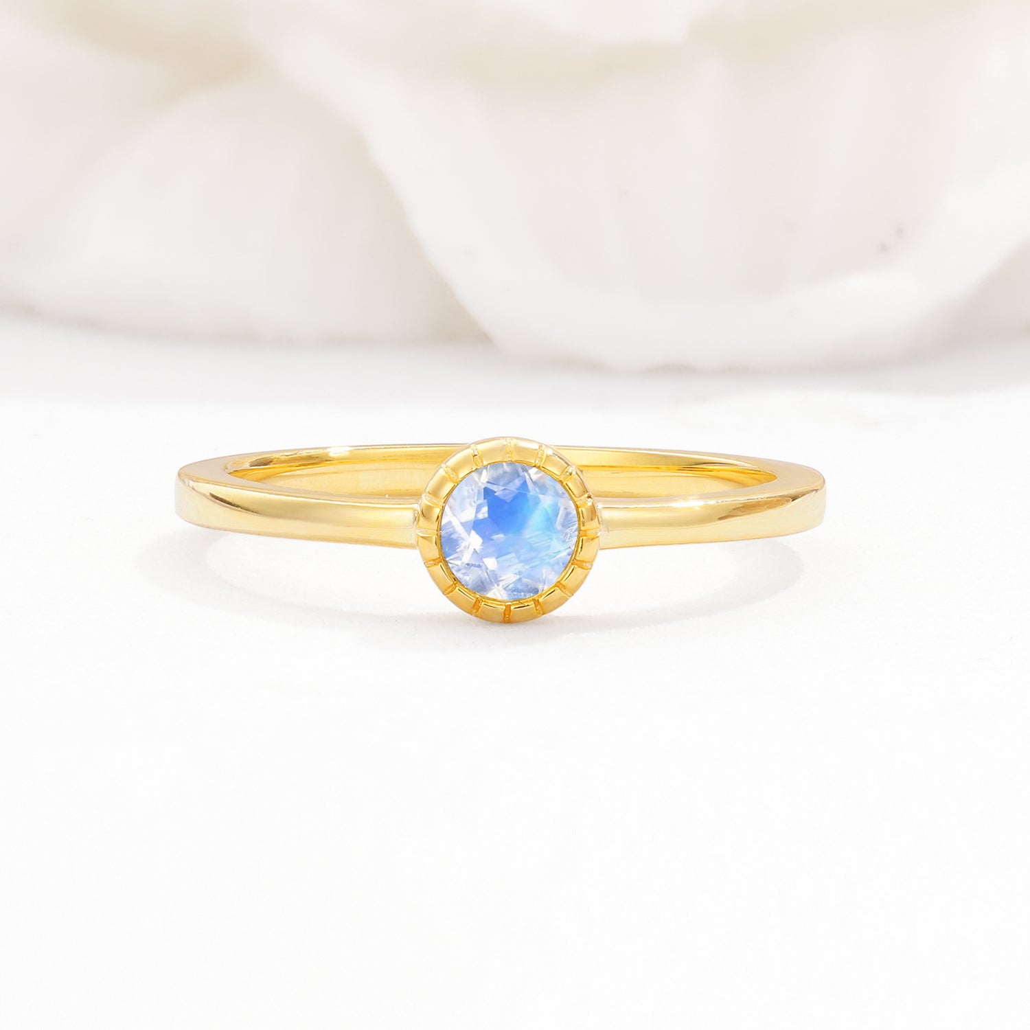 Minimalist Round Cut Bezel Set Solitaire Moonstone Engagement Ring