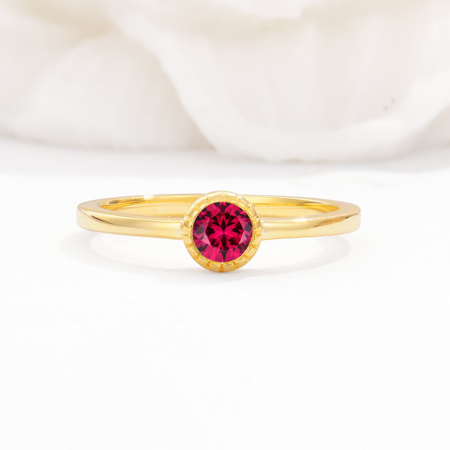 Minimalist Round Cut Bezel Set Solitaire Ruby Engagement Ring