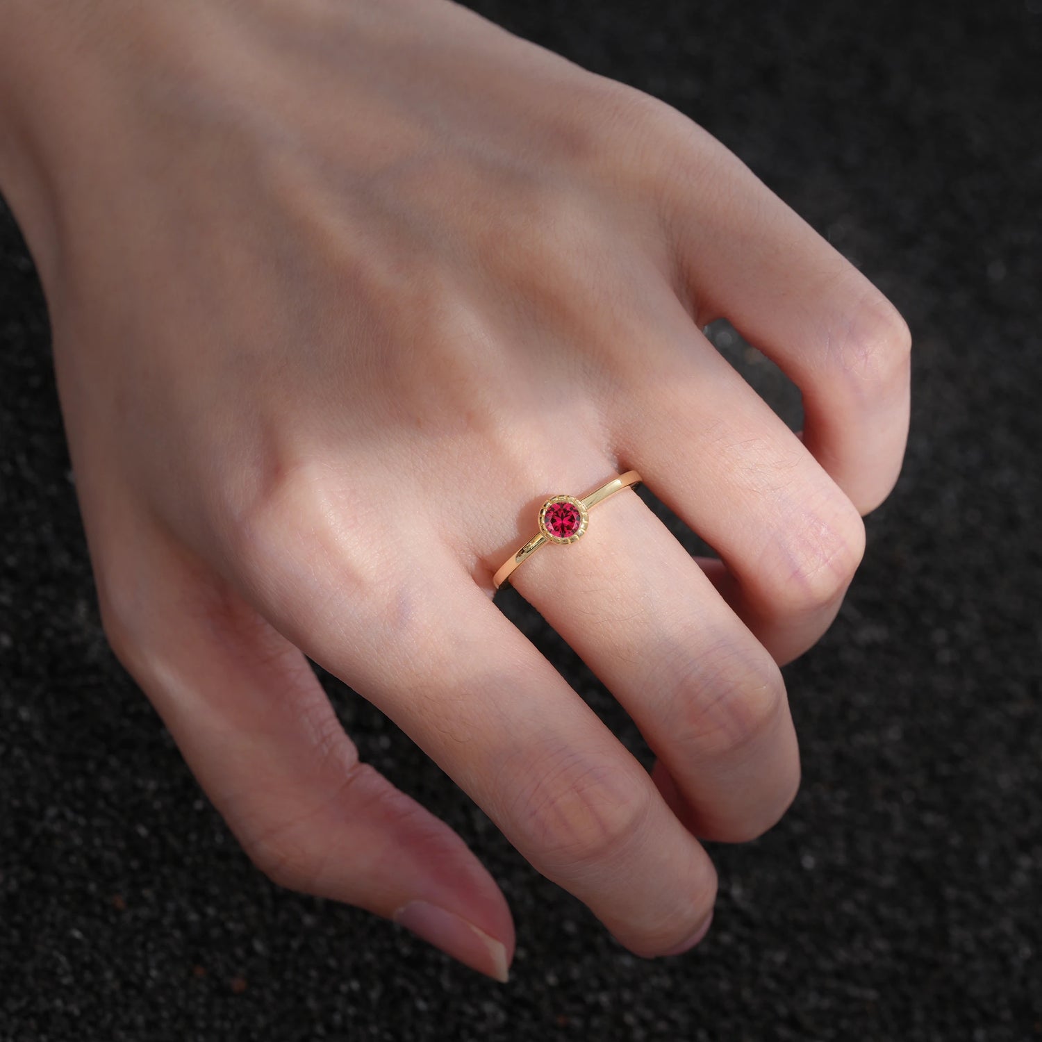 Minimalist Round Cut Bezel Set Solitaire Ruby Engagement Ring