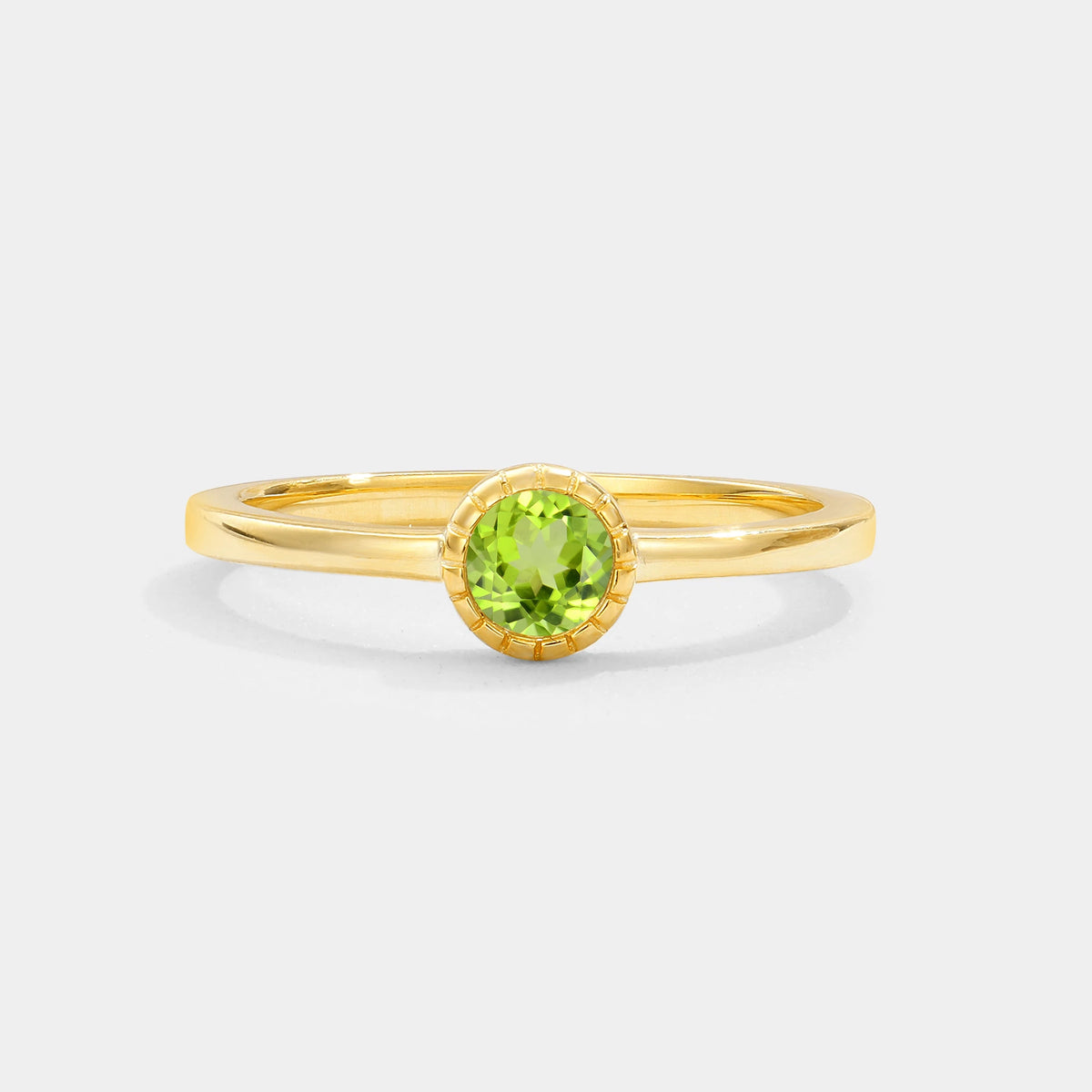 Minimalist Round Cut Bezel Set Solitaire Peridot Engagement Ring