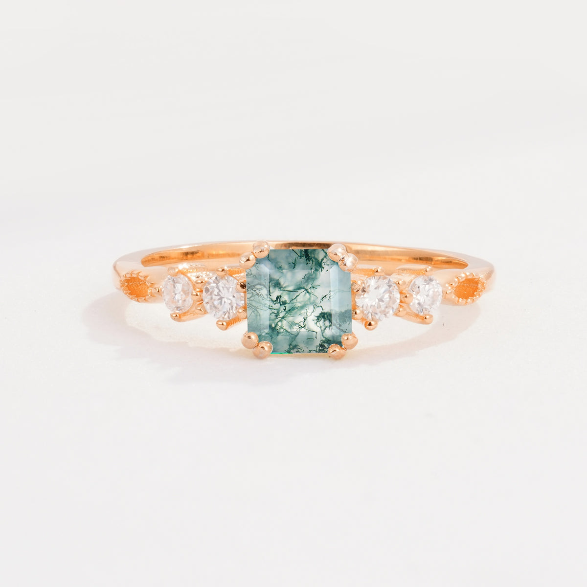 Classic Asscher Cut Side Accent Solitaire Moss Agate Engagement Ring - Additional view