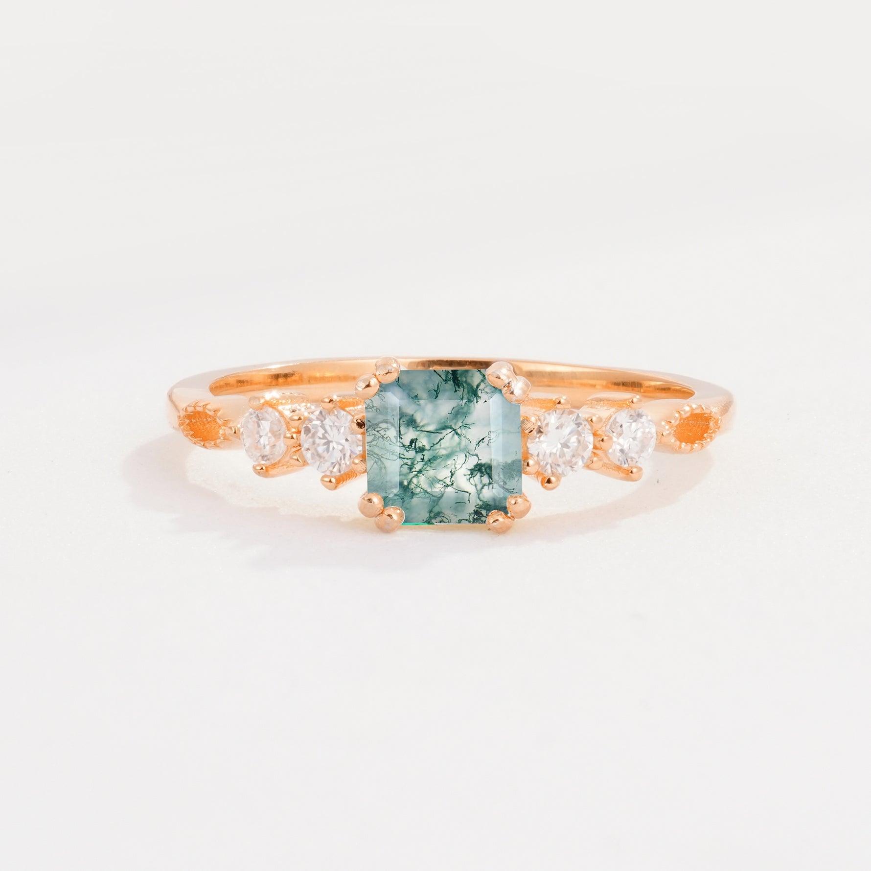 Classic Asscher Cut Side Accent Solitaire Moss Agate Engagement Ring - Additional view
