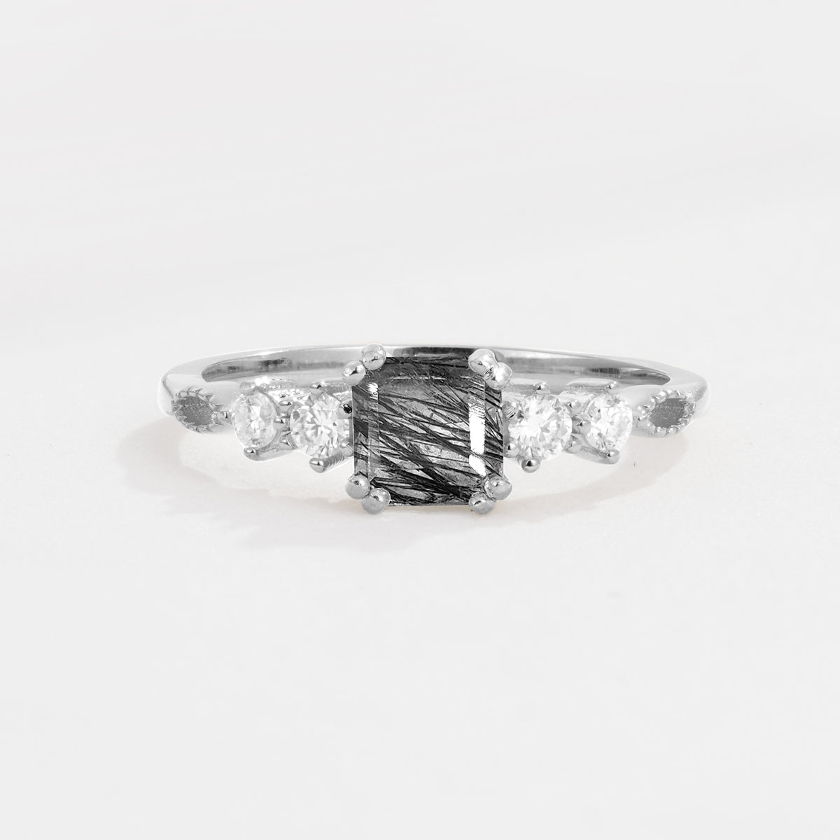 Classic Asscher Cut Side Accent Solitaire Black Rutilated Quartz Engagement Ring - Additional view