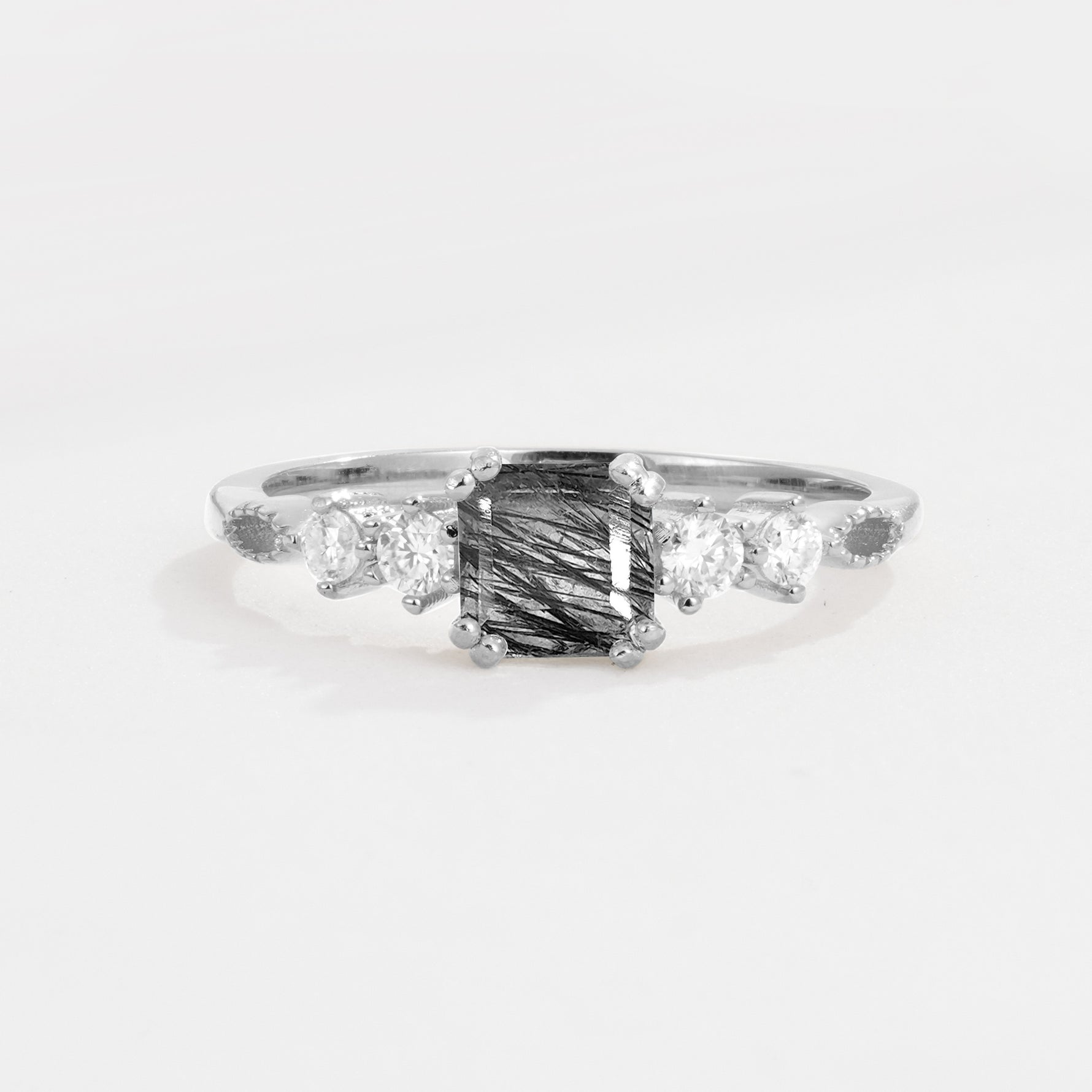Classic Asscher Cut Side Accent Solitaire Black Rutilated Quartz Engagement Ring - Additional view