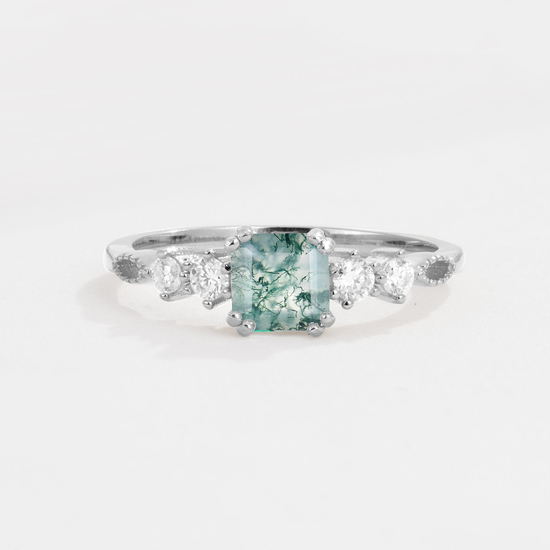 Classic Asscher Cut Side Accent Solitaire Moss Agate Engagement Ring - Additional view