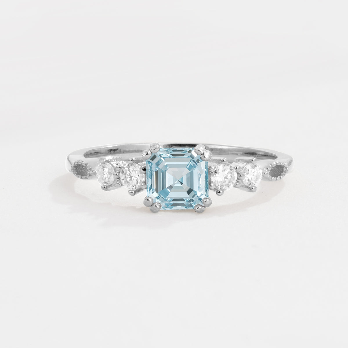 Classic Asscher Cut Side Accent Solitaire Aquamarine Engagement Ring - Additional view