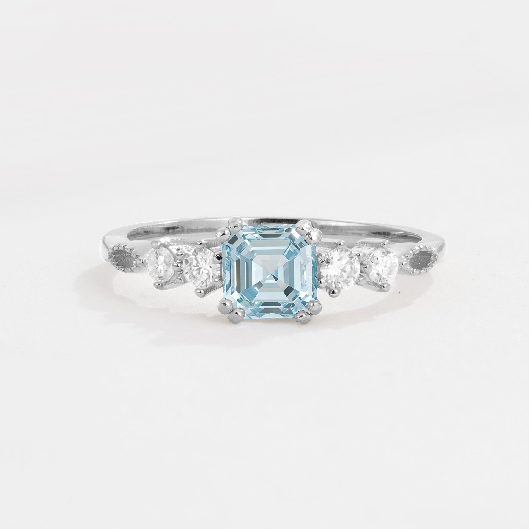 Classic Asscher Cut Side Accent Solitaire Aquamarine Engagement Ring - Additional view