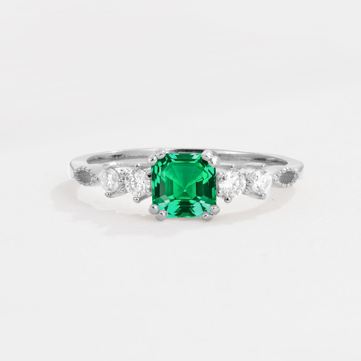 Classic Asscher Cut Side Accent Solitaire Emerald Engagement Ring - Additional view