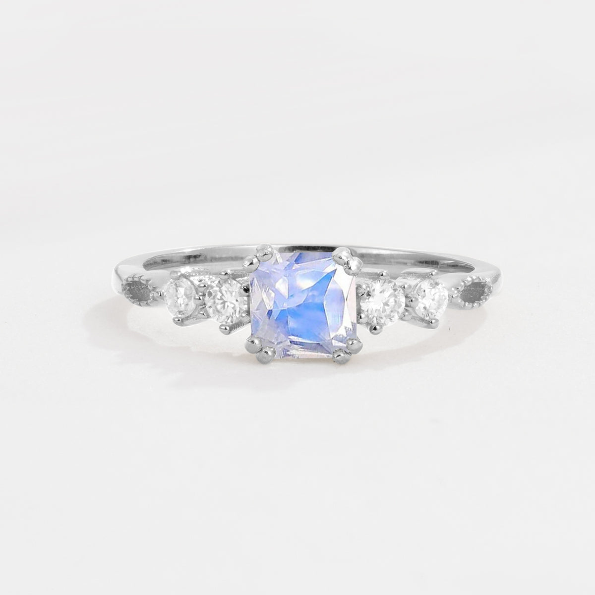 Classic Asscher Cut Side Accent Solitaire Moonstone Engagement Ring - Additional view