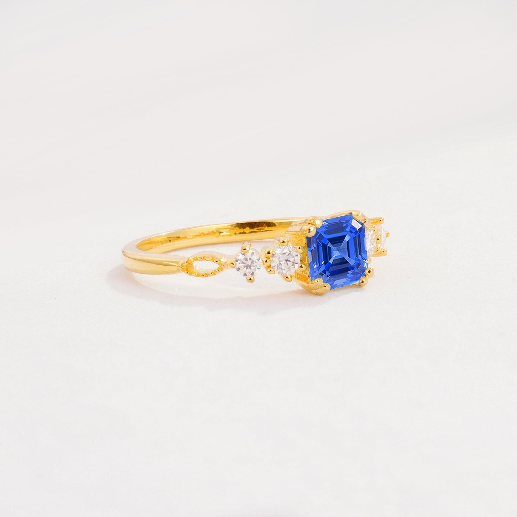 Classic Asscher Cut Side Accent Solitaire Sapphire Engagement Ring - Additional view