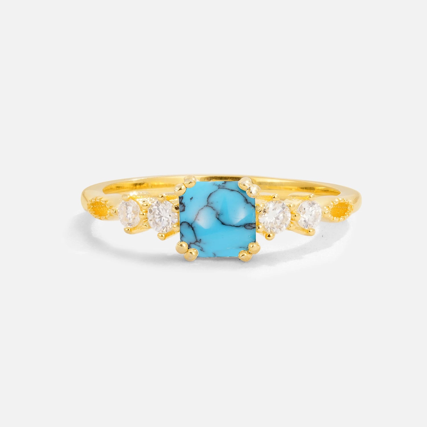 Classic Princess Cut Side Accent Solitaire Turquoise Engagement Ring