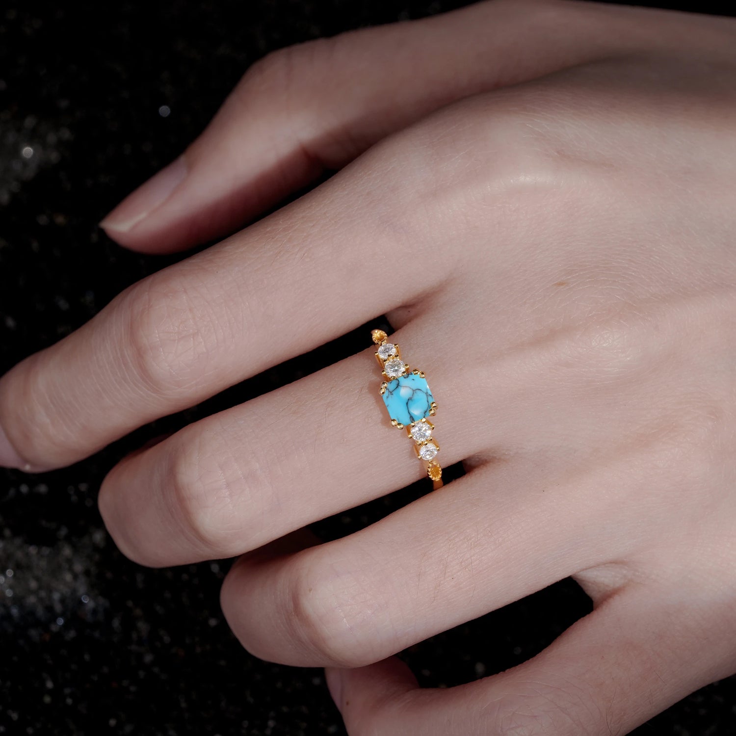 Classic Princess Cut Side Accent Solitaire Turquoise Engagement Ring