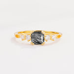 Classic Asscher Cut Side Accent Solitaire Black Rutilated Quartz Engagement Ring - Additional view