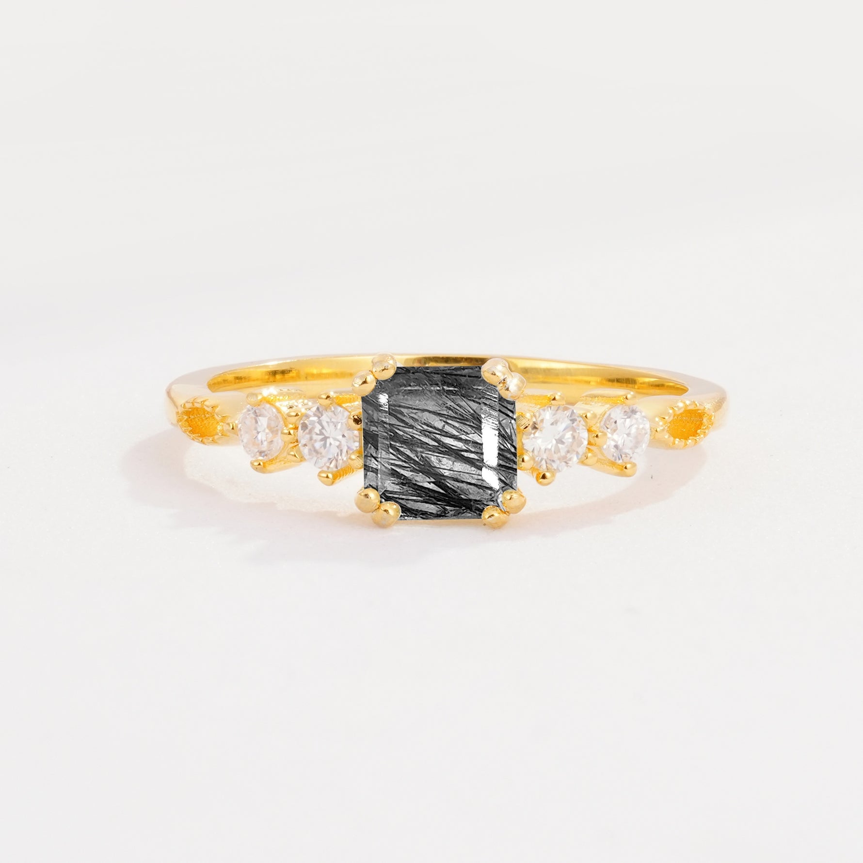 Classic Asscher Cut Side Accent Solitaire Black Rutilated Quartz Engagement Ring - Additional view