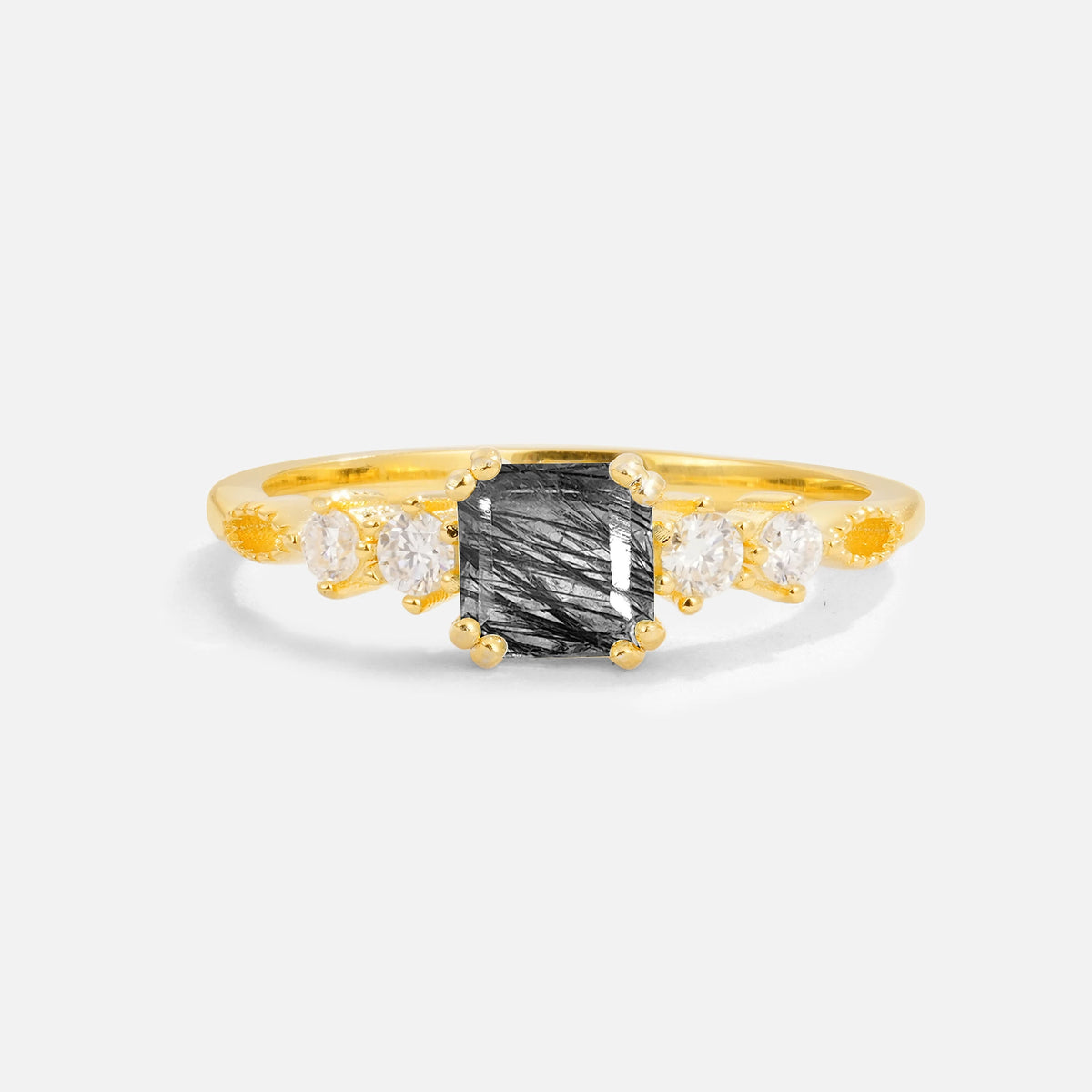 Classic Princess Cut Side Accent Solitaire Black Rutilated Quartz Engagement Ring